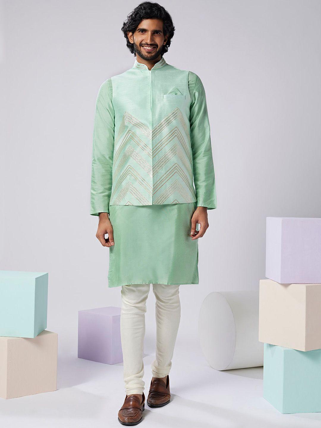 kisah mandarin collar straight kurta & churidar with nehru jacket