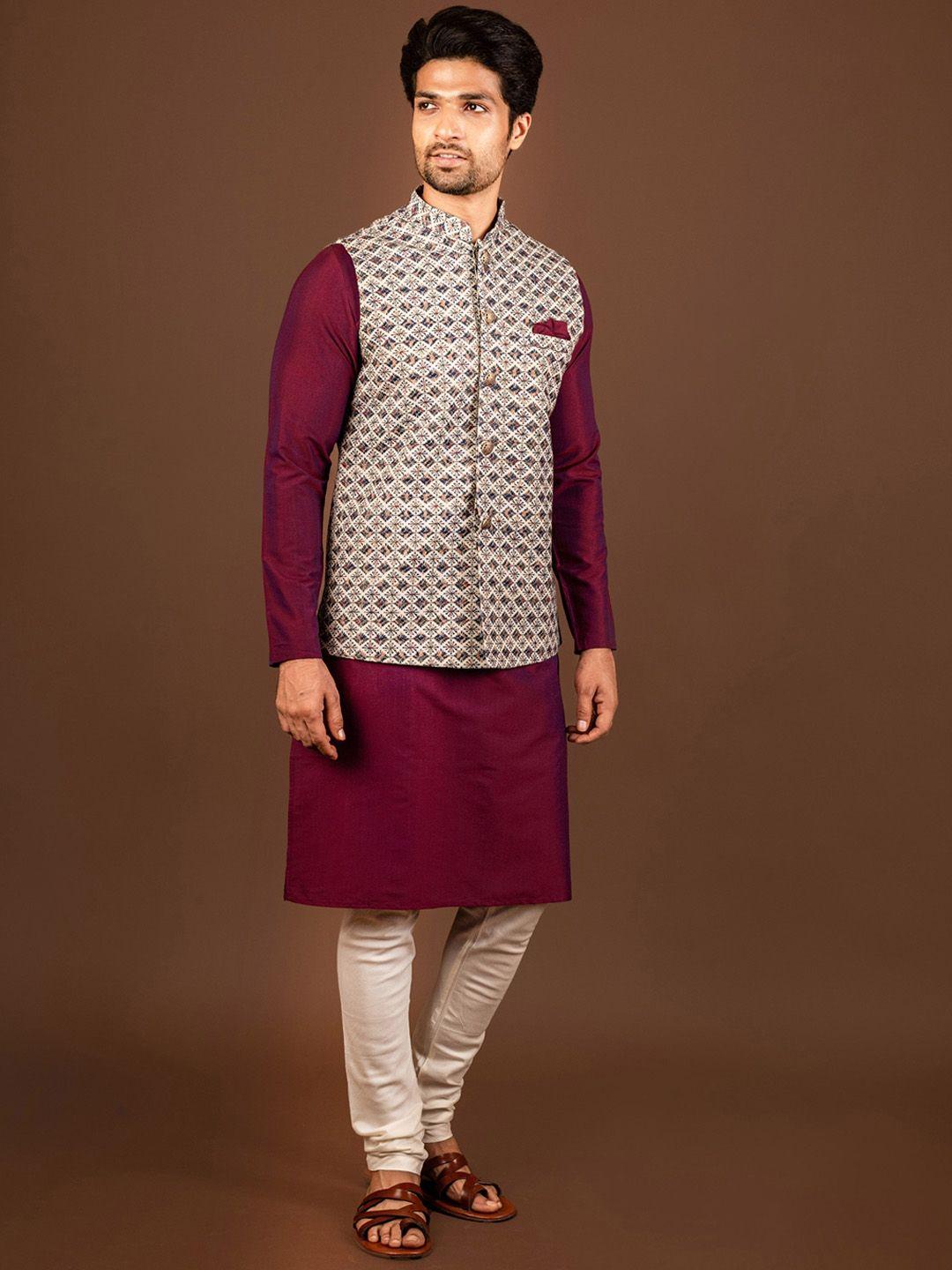 kisah mandarin collar straight kurta & churidar with nehru jacket