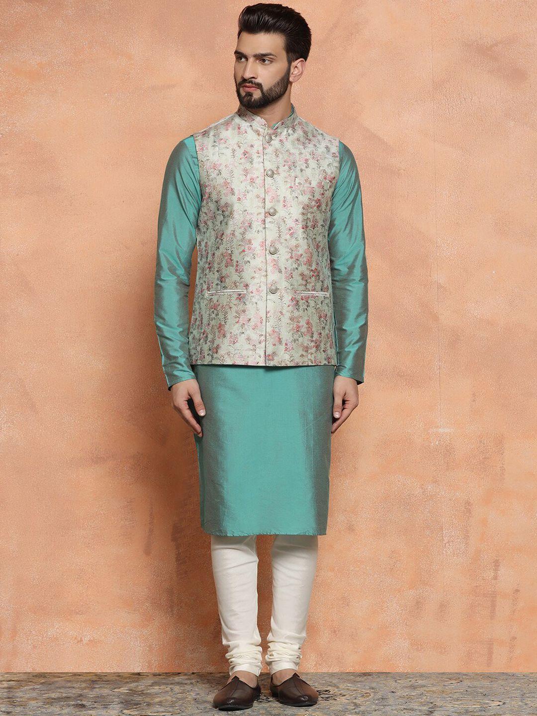 kisah mandarin collar straight kurta with churidar & nehru jacket