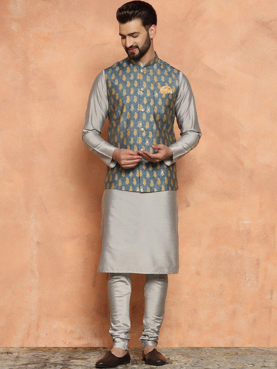 kisah mandarin collar straight kurta with churidar & nehru jacket