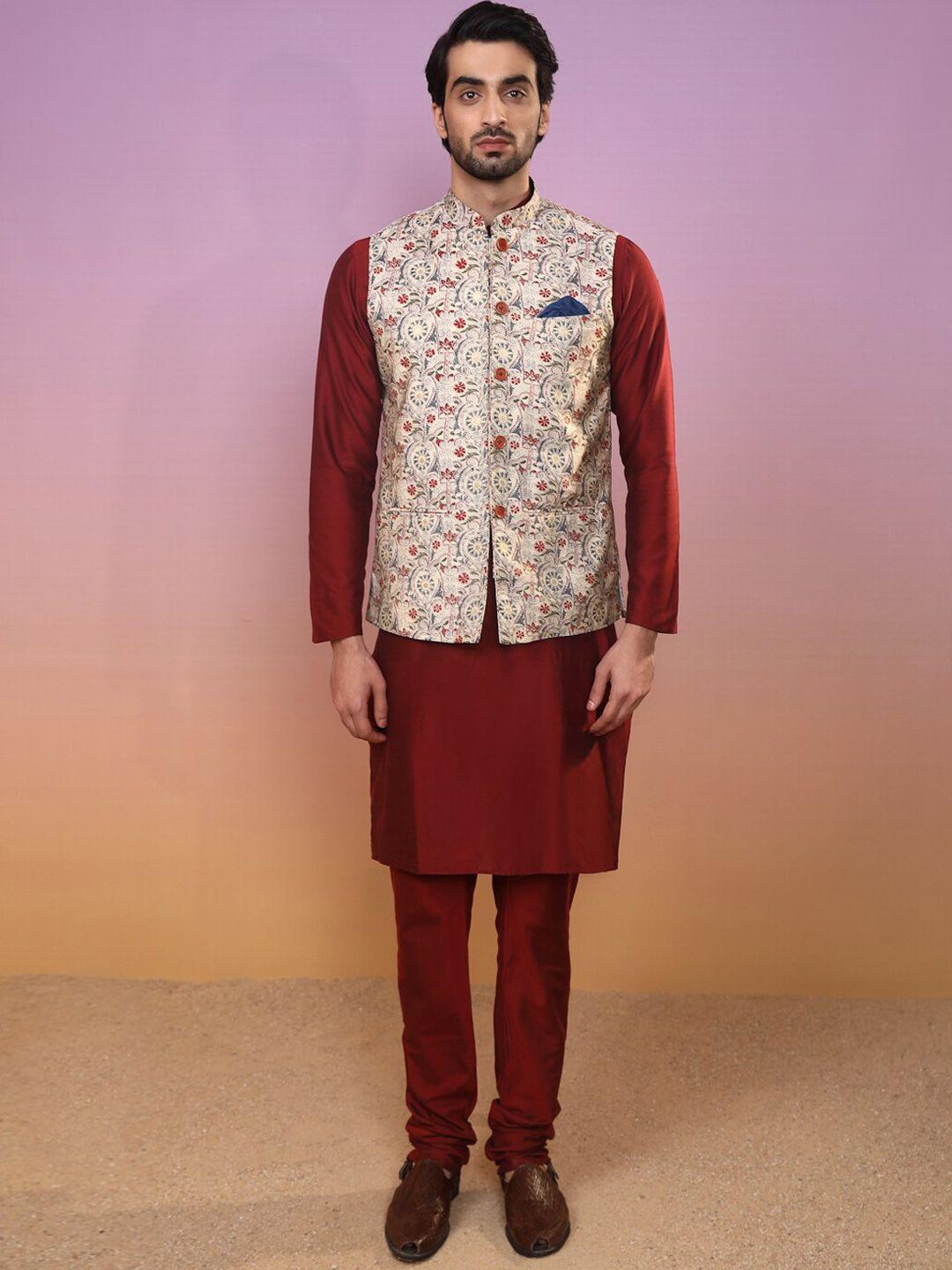 kisah mandarin collar straight kurta with churidar & nehru jacket