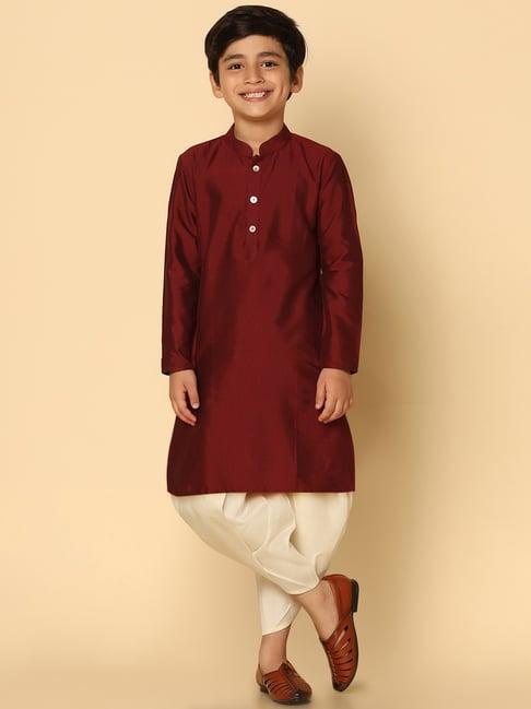 kisah maroon & cream solid full sleeves kurta with dhoti