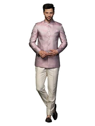 kisah men's bandhgala-blazer trouser set, lilac jacquard, woven design regular fit mandarin collar long sleeves (40)