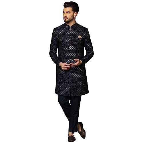 kisah men's black sherwani trousers set, cotton full sleaves, knee length, straight, regular fit, mandarin collar ethnic wear, 40