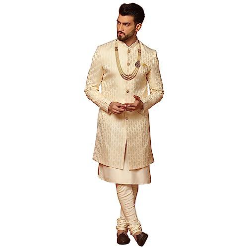 kisah men's cream indo western kurta sherwani churidar set cotton full sleaves, knee length, straight, regular fit, mandarin collar ethnic wear