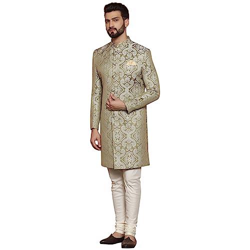 kisah men's ethnic wear silk blend woven design regular fit olive indo western sherwani set