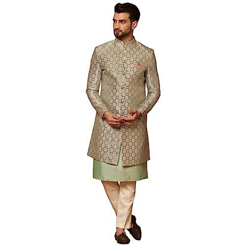 kisah men's grey indo western kurta sherwani trousers set cotton full sleaves, knee length, straight, regular fit, mandarin collar ethnic wear