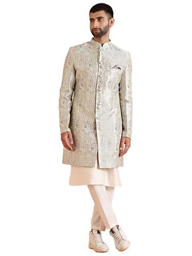 kisah men's indo western kurta sherwani trouser set, grey jacquard, woven design regular fit mandarin collar long sleeves (42)