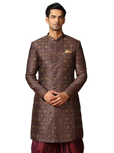 kisah men's indo western sherwani, maroon jacquard, woven design regular fit mandarin collar long sleeves (42)