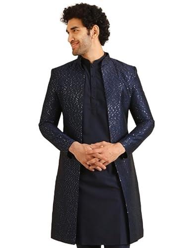 kisah men's indo-western sherwani, navy blue silk blend, embroidered regular fit mandarin collar long sleeves (42)