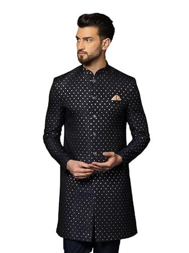 kisah men's indo western sherwani, navy blue silk blend, jacquard long sleeves regular fit mandarin collar (44)