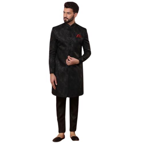 kisah men's indo western sherwani trouser set, black silk blend, jacquard regular fit mandarin collar long sleeves (xl)