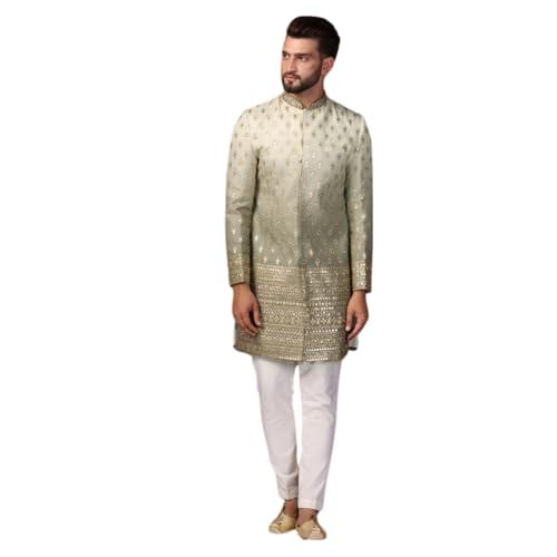 kisah men's indo western sherwani trouser set, green silk blend, embroidered regular fit mandarin collar long sleeves (m)