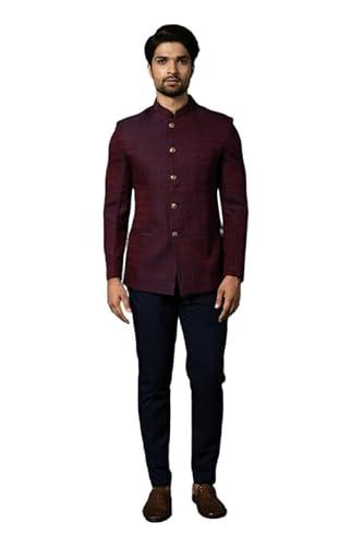 kisah men's indo western sherwani trouser set, maroon cotton blend, self design regular fit mandarin collar long sleeves (40)