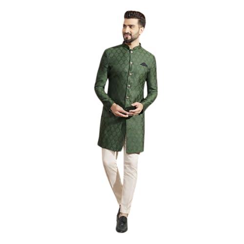 kisah men's indo western sherwani trouser set, olive silk blend, woven design regular fit mandarin collar long sleeves (s)