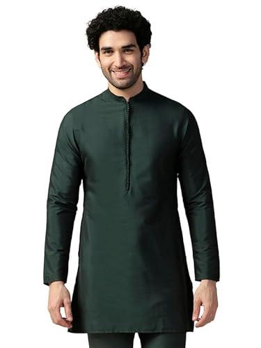 kisah men's kurta, bottle green cotton blend, solid regular fit mandarin collar long sleeves (38)