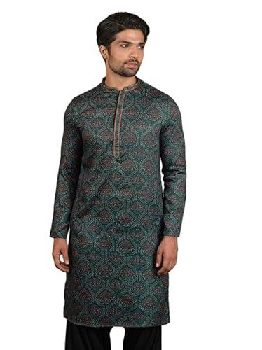 kisah men's kurta, green cotton blend, printed regular fit mandarin collar long sleeves (44)