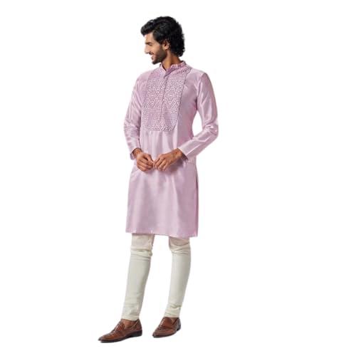 kisah men's kurta, lavender art silk, embroidered regular fit mandarin collar long sleeves (l)