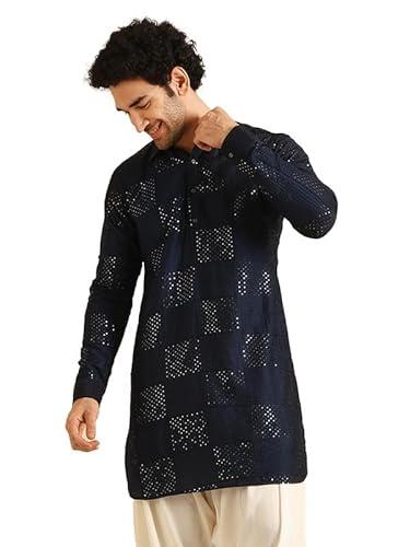 kisah men's kurta, navy blue cotton blend, embellished regular fit mandarin collar long sleeves (44)