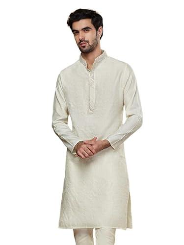 kisah men's kurta, off white jacquard, woven design regular fit mandarin collar long sleeves (42)