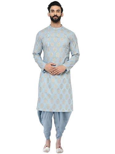 kisah men's kurta dhoti set, blue cotton blend, foil print regular fit mandarin collar long sleeves (44)