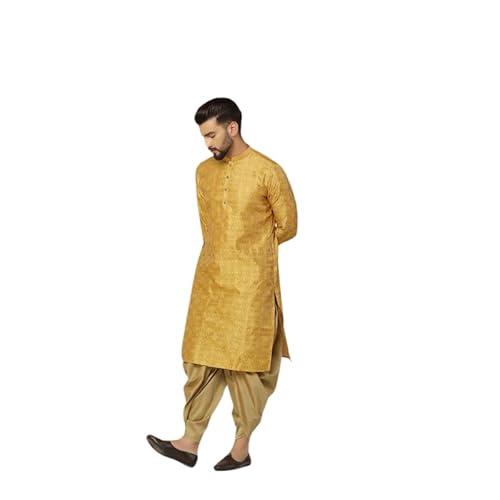 kisah men's kurta dhoti set, mustard silk blend, woven design regular fit mandarin collar long sleeves (m)