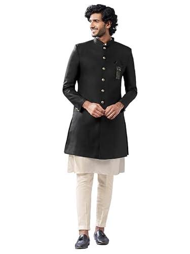 kisah men's kurta indo western sherwani trouser set, black cotton blend, solid dyed regular fit mandarin collar long sleeves (44)