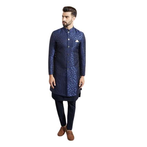 kisah men's kurta indo western sherwani trouser set, blue silk blend, woven design regular fit mandarin collar long sleeves (s)