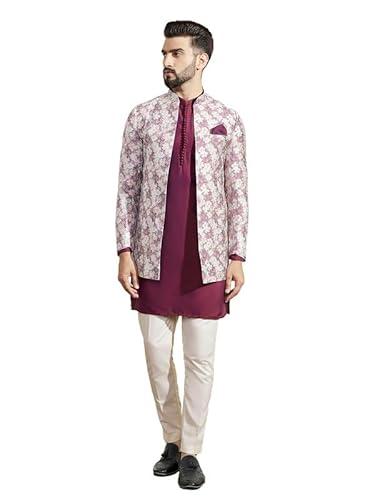 kisah men's kurta indo western sherwani trouser set, pink silk blend, jacquard regular fit mandarin collar long sleeves (42)