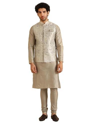 kisah men's kurta jacket churidar set, grey jacquard, woven design regular fit mandarin collar long sleeves (42)