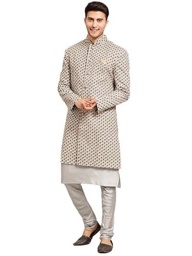 kisah men's kurta sherwani churidar set, cream silk blend, printed long sleeves regular fit mandarin collar (x-large)