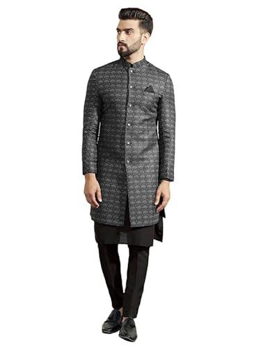 kisah men's kurta sherwani trouser set, black jacquard, woven design long sleeves regular fit mandarin collar (small)