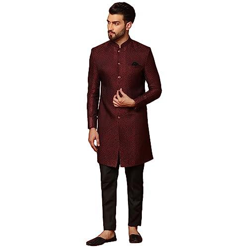 kisah men's maroon and black sherwani trousers set, cotton full sleaves, knee length, straight, regular fit, mandarin collar ethnic wear