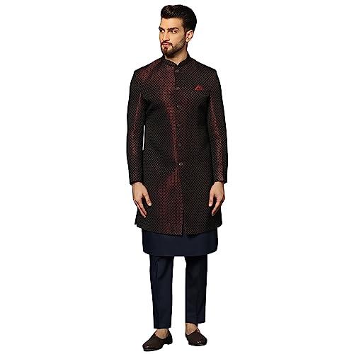 kisah men's maroon and navy blue indo western kurta sherwani trousers set cotton full sleaves, knee length, straight, regular fit, mandarin collar ethnic wear