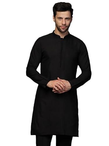 kisah men's mid kurta, black cotton blend, solid regular fit mandarin collar long sleeves (38)