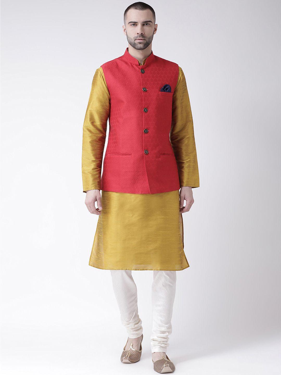 kisah men's red jacquard nehru jacket with kurta and churidar set