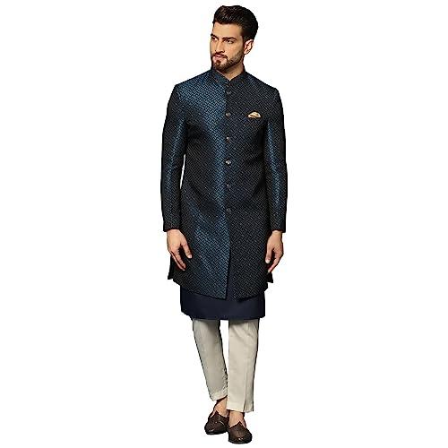 kisah men's royal blue indo western kurta sherwani trousers set cotton full sleaves, knee length, straight, regular fit, mandarin collar ethnic wear