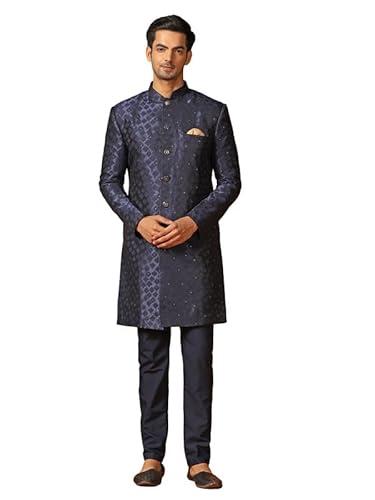 kisah men's sherwani trouser set, blue jacquard, woven design regular fit mandarin collar long sleeves (38)