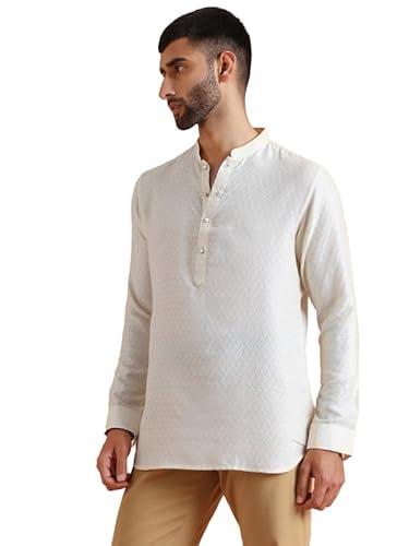 kisah men's short kurta, off white silk blend, woven design regular fit mandarin collar long sleeves (42)