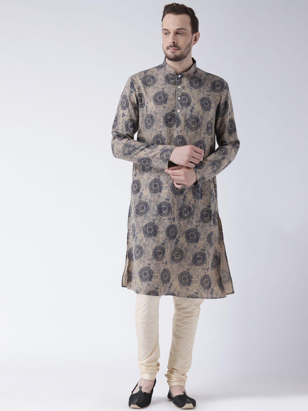 kisah men beige & blue printed straight kurta