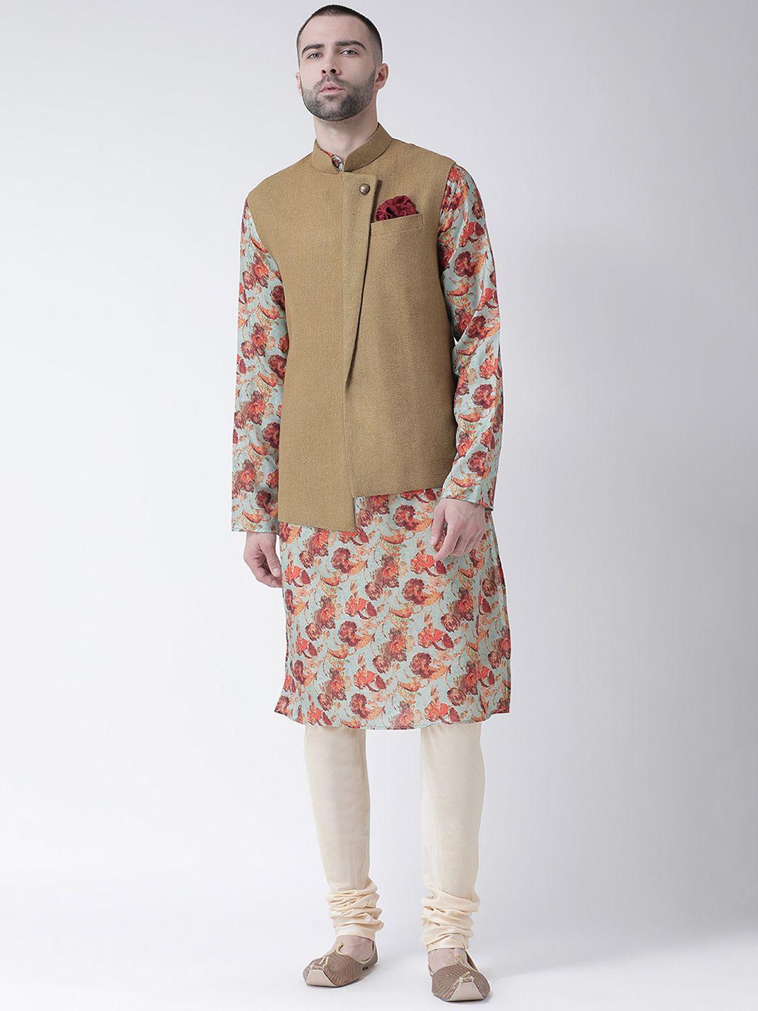 kisah men beige & coral red printed kurta with churidar and nehru jacket