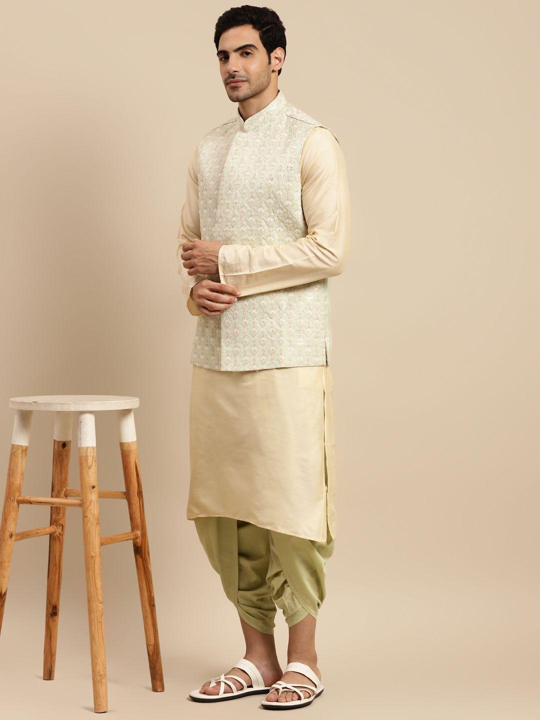 kisah men beige & green kurta with dhoti pants & nehru jacket