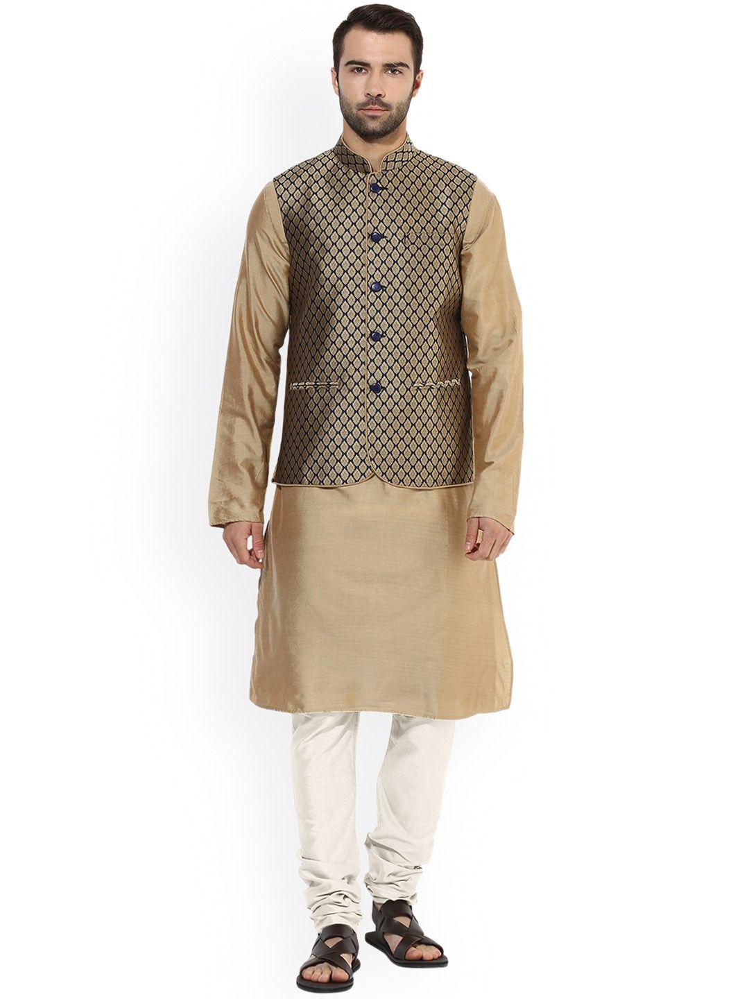 kisah men beige & off-white solid kurta with churidar and waistcoat
