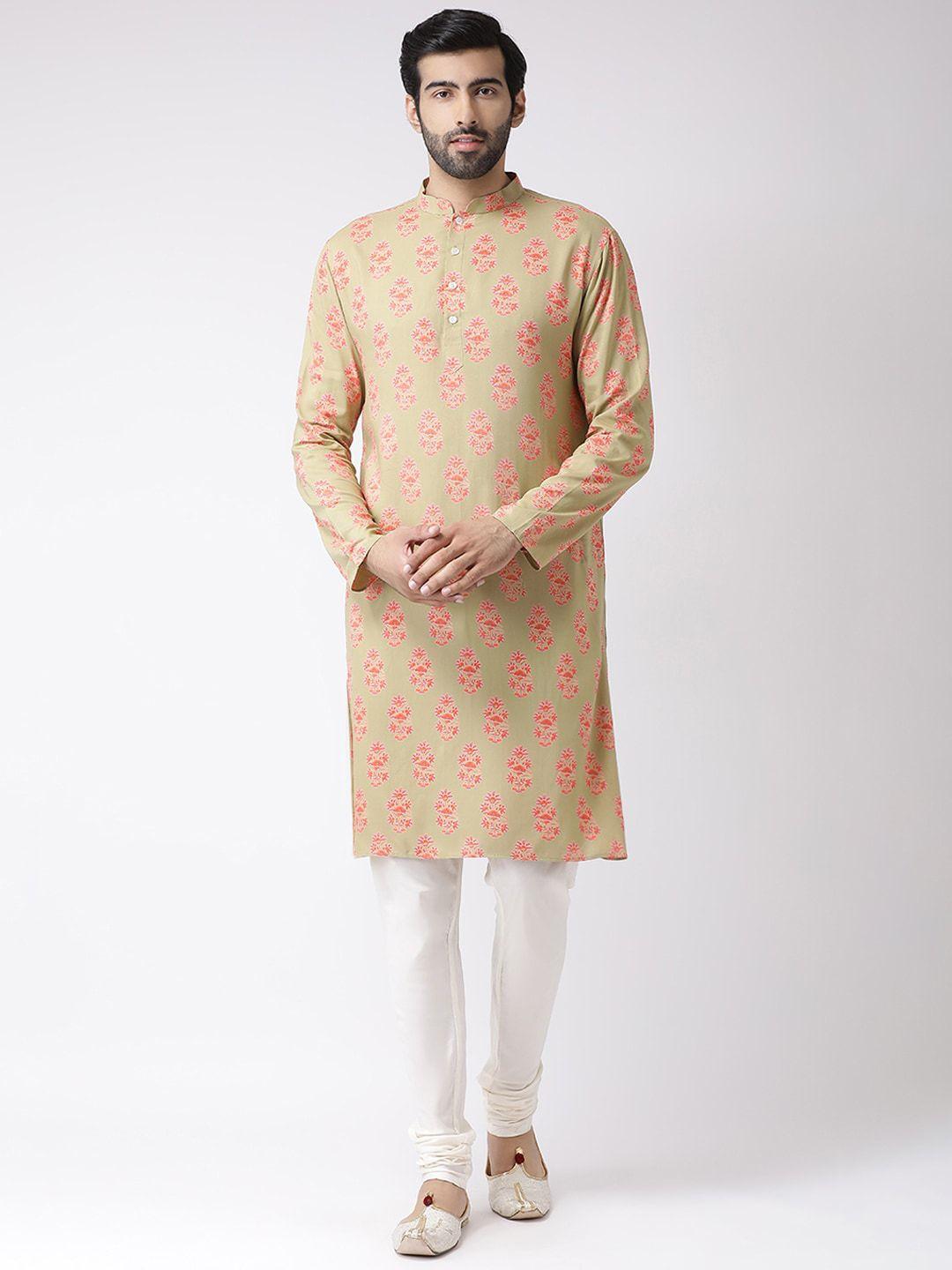 kisah men beige & pink floral printed kurta