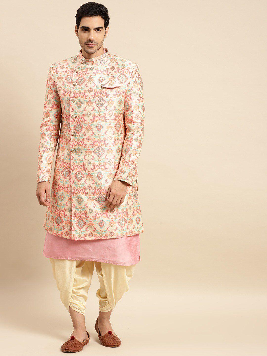 kisah men beige & pink printed cotton sherwani set