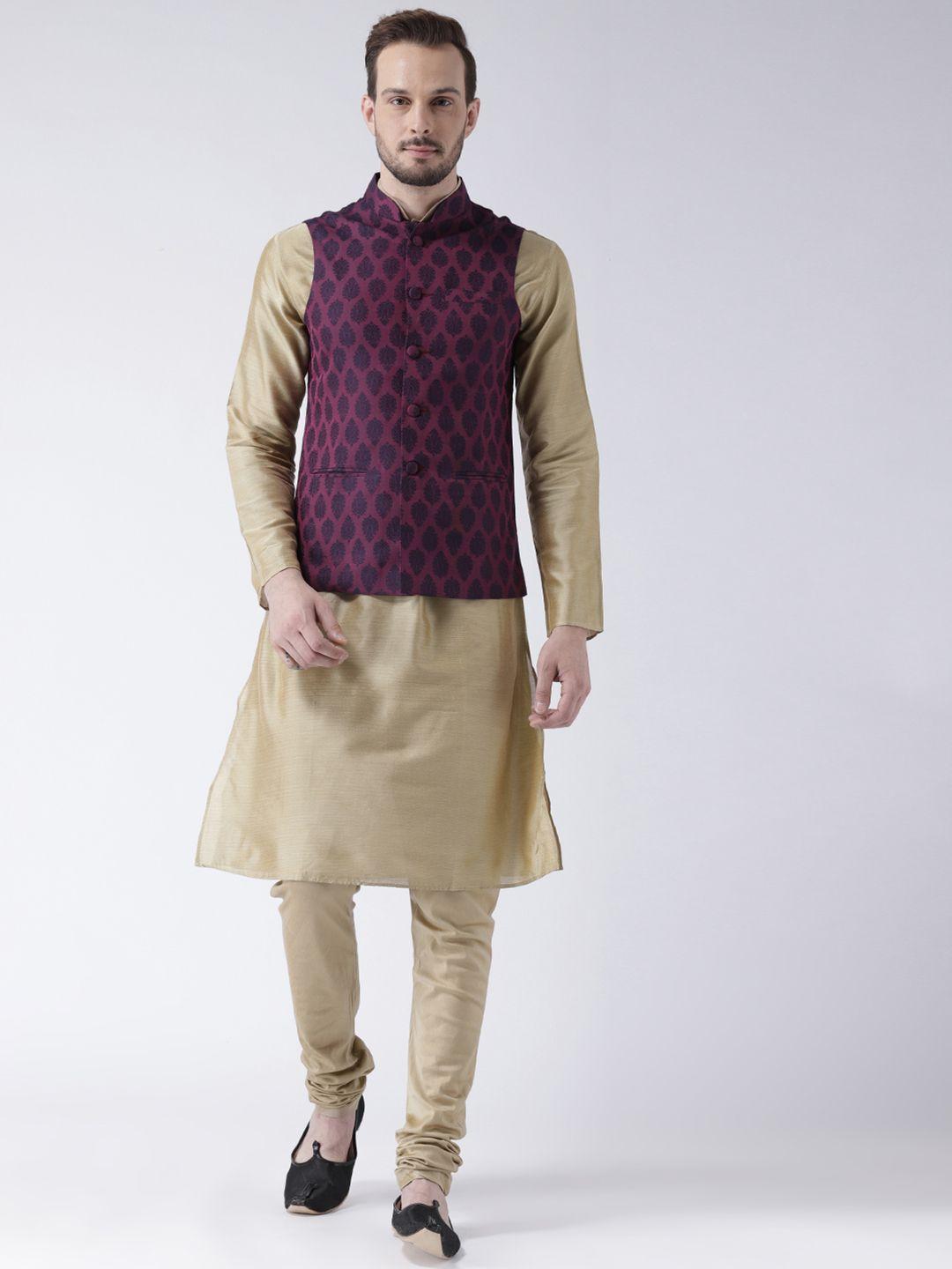 kisah men beige & purple solid banarasi kurta with churidar & nehru jacket