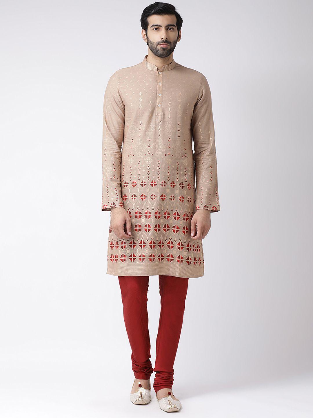 kisah men beige & red printed kurta with churidar