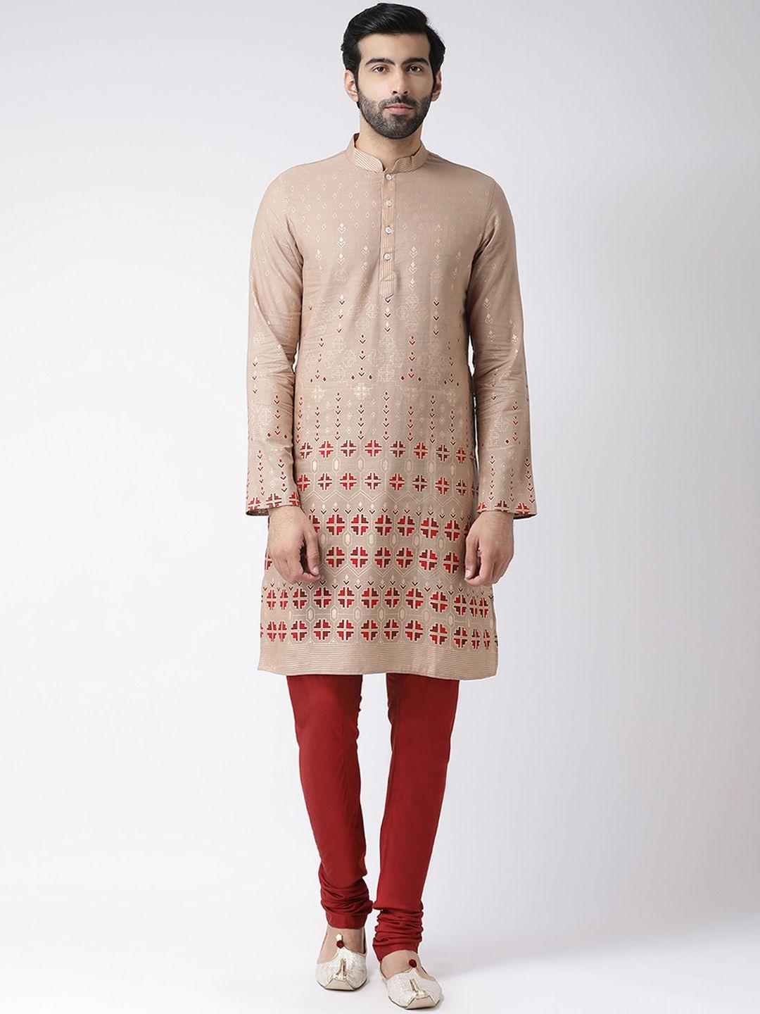 kisah men beige & red printed straight kurta