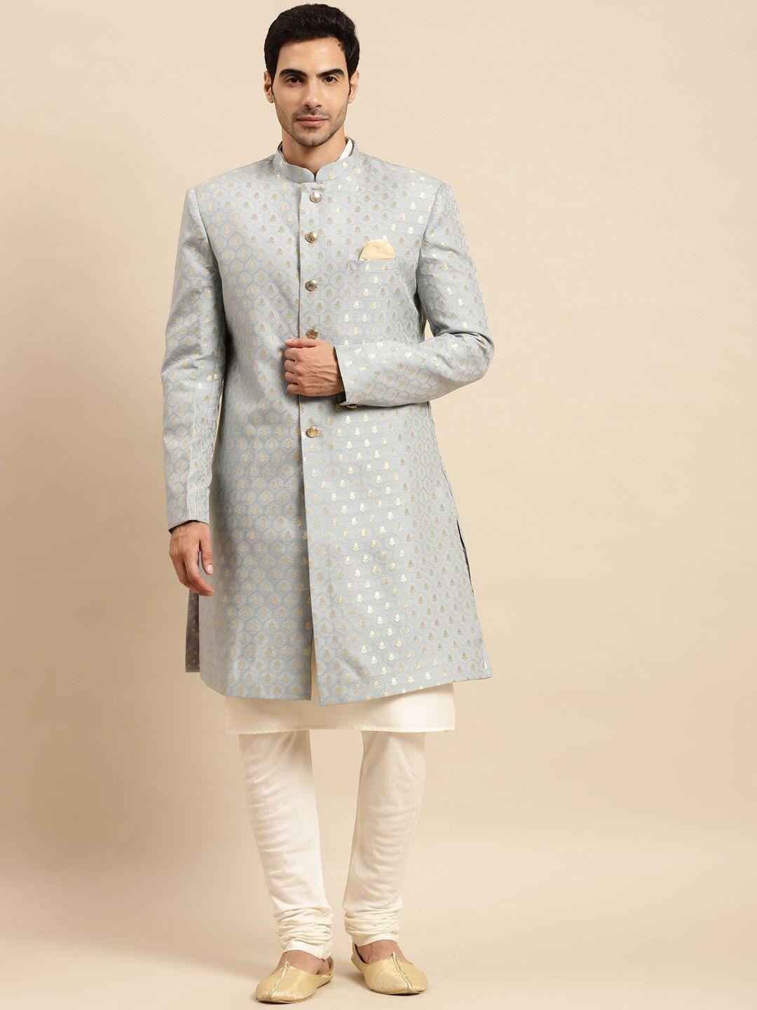 kisah men beige & silver woven design sherwani set