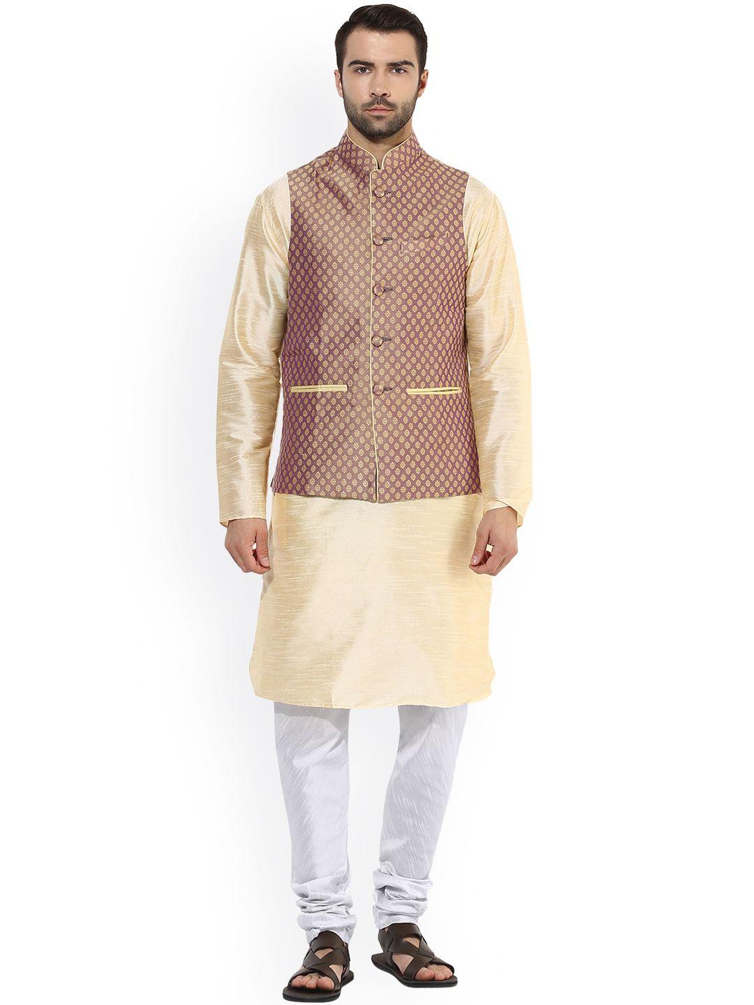 kisah men beige & white solid kurta with churidar and waistcoat